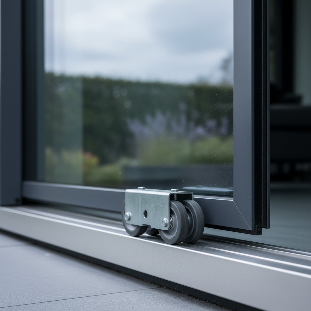 Close-up of a stainless steel cap track installed over a worn aluminum patio door track
